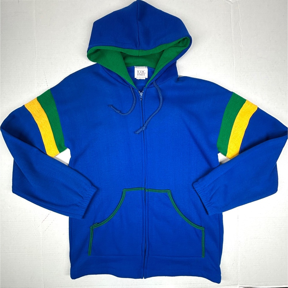 VTG 80s Topic Knits Zip Up Hoodie Small Blue Green Yellow Talon USA Brazil EUC - Picture 10 of 10
